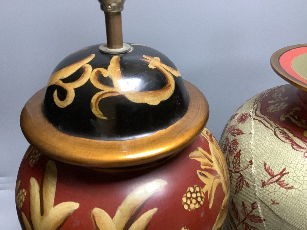 Two polychrome decorated chinoiserie lamp bases, overall height 47cm